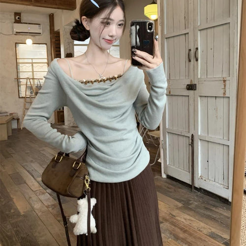 Load image into Gallery viewer, Korean Chic Fake Two Piece Long Sleeve T-Shirts Y2k Aesthetic Sequined Slim Women's Tops Harajuku Pleated Bottoming Tees Femme
