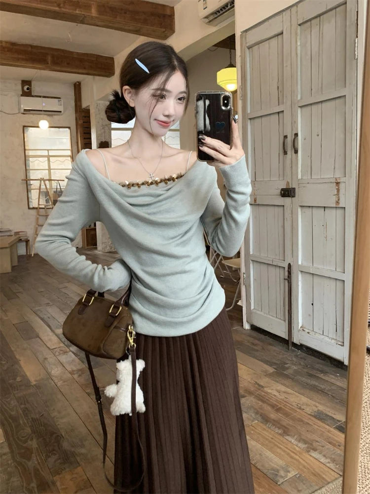 Korean Chic Fake Two Piece Long Sleeve T-Shirts Y2k Aesthetic Sequined Slim Women's Tops Harajuku Pleated Bottoming Tees Femme