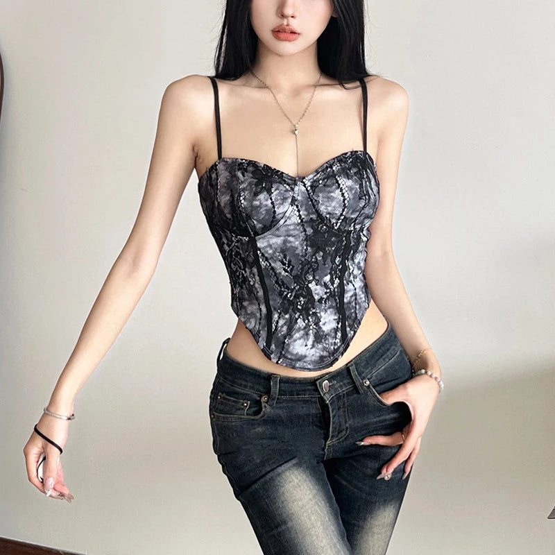 y2k Corset Top Women Summer Lace Patchwork Spaghetti Strap Sleeveless Camisole Vest 2000s Aesthetic Clothing Streetwear