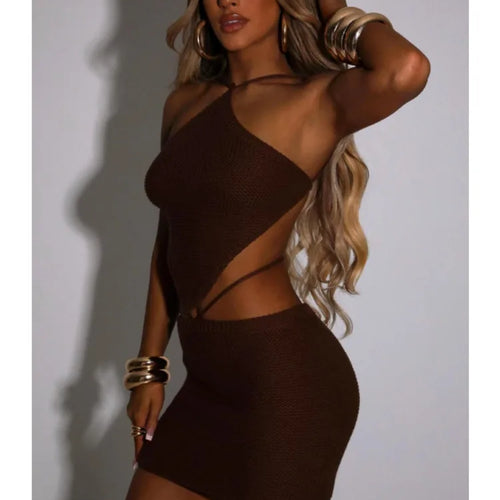 Load image into Gallery viewer, Sexy Knitted Women Two Piece Set Hanging Collar Backless Vest CropTop Slim Fit Mini Skirt Set Charming Beach Party Suit
