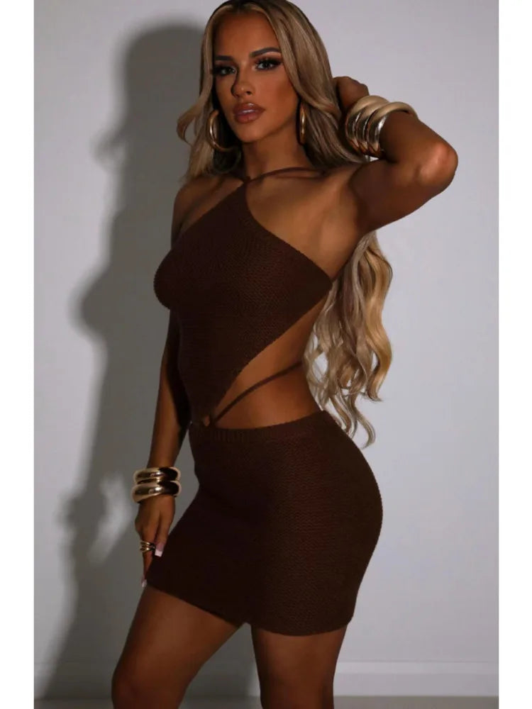 Sexy Knitted Women Two Piece Set Hanging Collar Backless Vest CropTop Slim Fit Mini Skirt Set Charming Beach Party Suit