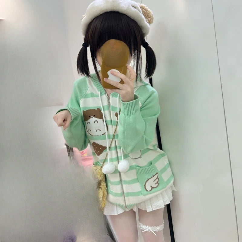Harajuku Knitted Stripe Hooded Cardigan Women Y2k Aesthetic Cartoon Jacquard Casual Loose Sweater Grunge Vintage Drawstring Tops