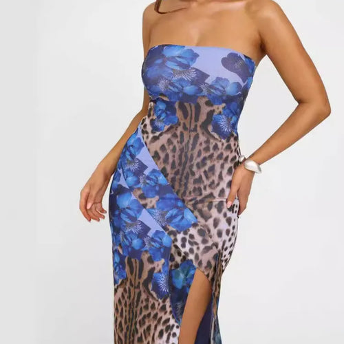 Load image into Gallery viewer, Sexy Strapless Ruffle Edge Slit Dress Women 2024 Summer New Strapless Printed Temperament Vestido Party Evening Dress
