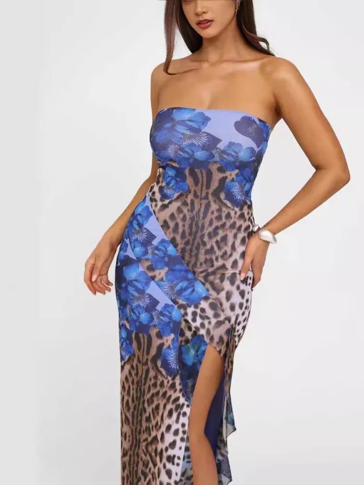 Sexy Strapless Ruffle Edge Slit Dress Women 2024 Summer New Strapless Printed Temperament Vestido Party Evening Dress