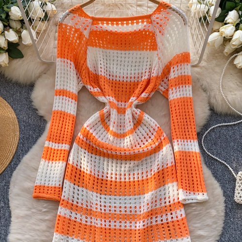 Load image into Gallery viewer, Korean 2025 Spring New Elegant Rainbow Stripe Long Sleeves Knitted Dresses Women Round Neck Hollow Out Vacation Midi Dress Trend
