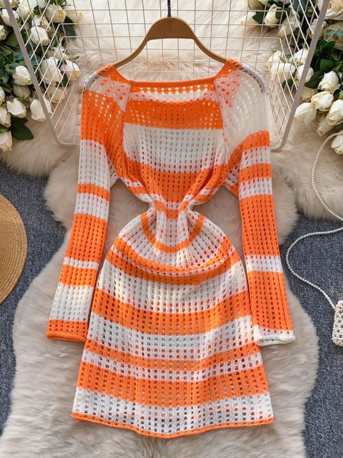 Korean 2025 Spring New Elegant Rainbow Stripe Long Sleeves Knitted Dresses Women Round Neck Hollow Out Vacation Midi Dress Trend