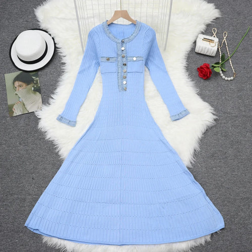 Load image into Gallery viewer, Autumn 2024 New Women's Black White Blue Patchwork Single Breasted Knitted Dress French Elegant Festival Long Sleeve Dress Trend
