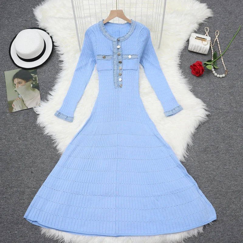 Autumn 2024 New Women's Black White Blue Patchwork Single Breasted Knitted Dress French Elegant Festival Long Sleeve Dress Trend