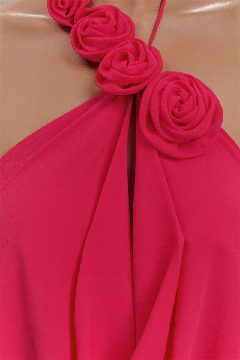 Rose Halter Off-shoulder Sexy Maxi Dress Women Rose Red Sleeveless Backless Lace-up High Waist Club Party Long Dress