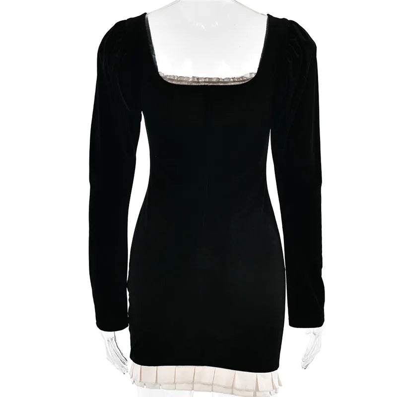 Elegant Long Sleeve Backless Sexy Mini Dress  Women Autumn Winter New Patchwork Square Collar Bodycon Club Party Dress