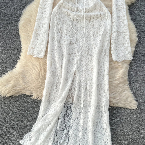 Load image into Gallery viewer, Vintage Women White Lace Hollow Out Bandage Elegant Party Dress French Fashion Long Sleeve Vacation Split Dress 2025 Autumn Chic
