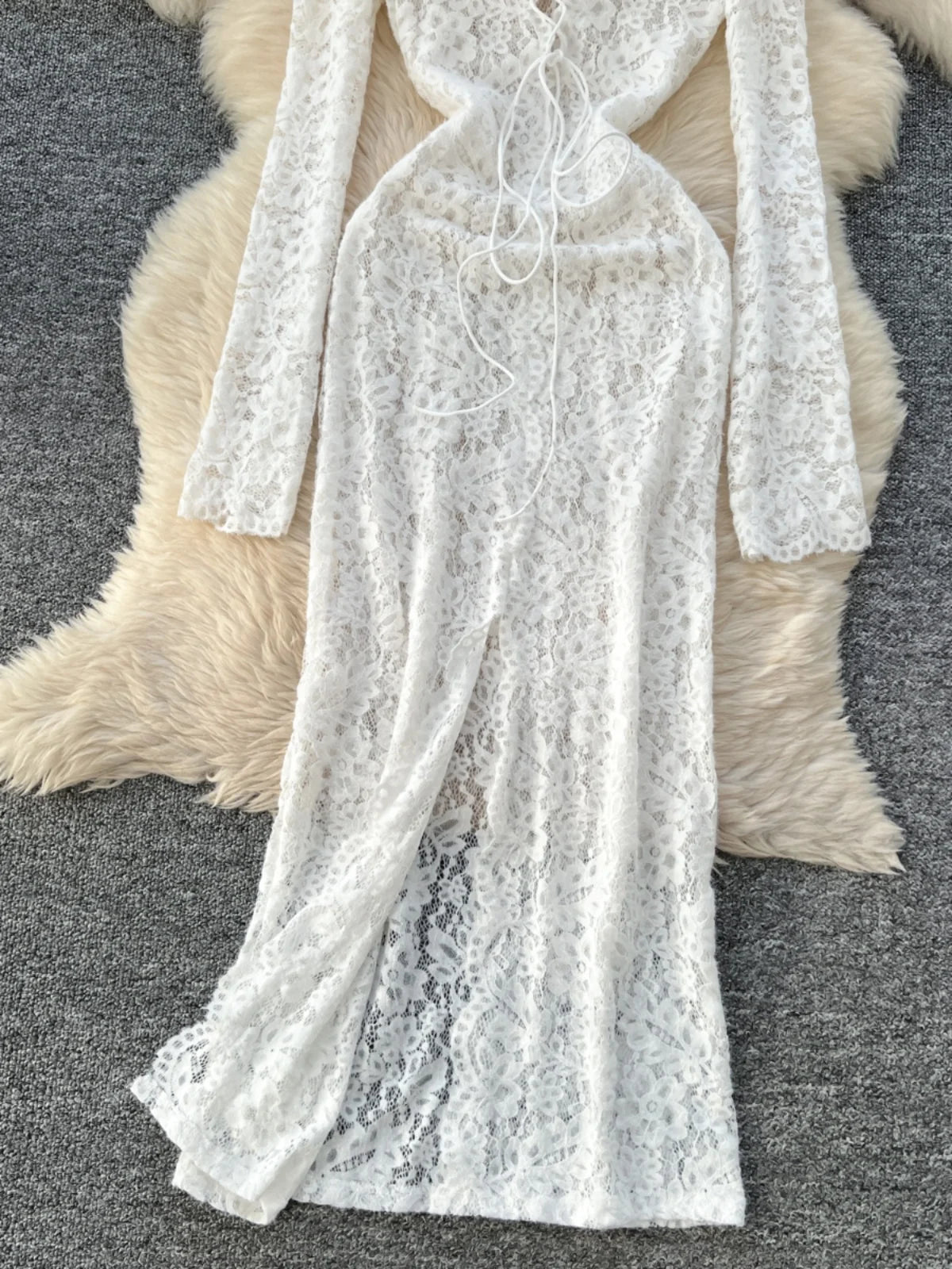 Vintage Women White Lace Hollow Out Bandage Elegant Party Dress French Fashion Long Sleeve Vacation Split Dress 2025 Autumn Chic