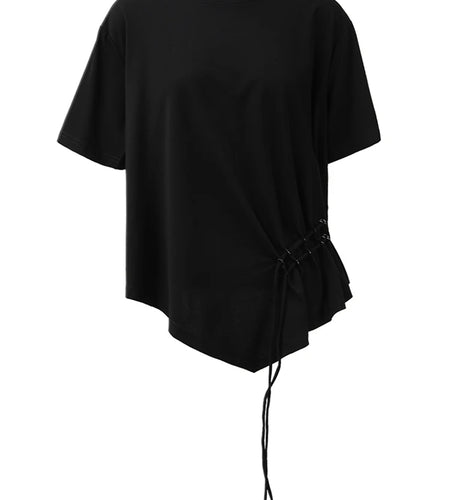 Women White Drawstring Irregular Hem Big Size T-shirt New Round Neck Short Sleeve Fashion Tide Spring Summer 2025 CPG1374