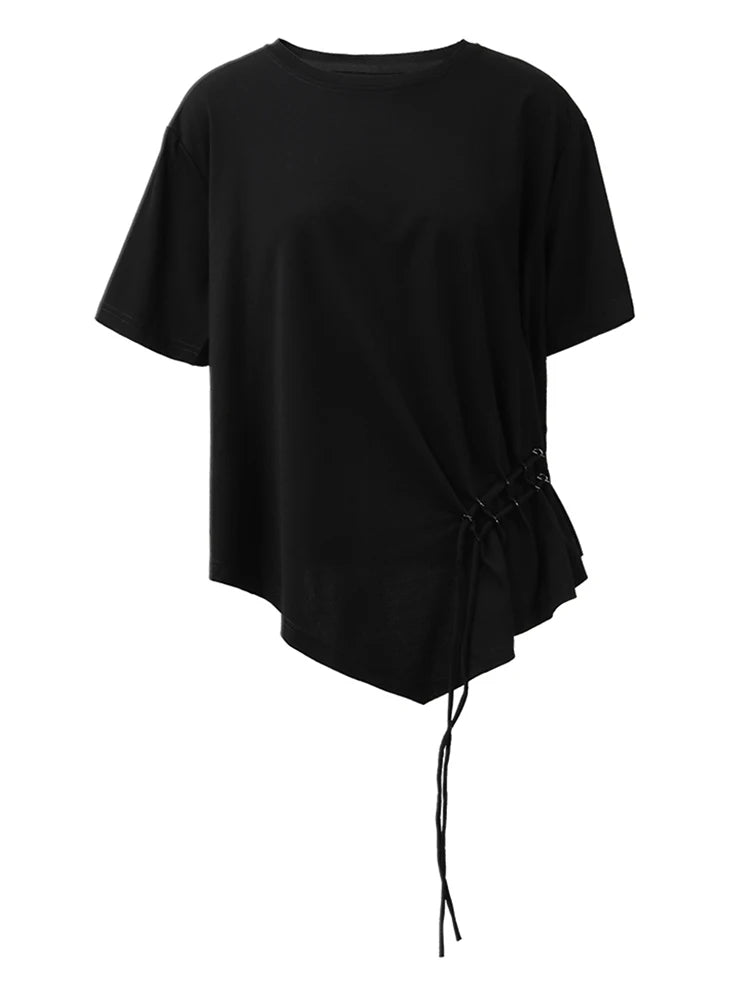 Women White Drawstring Irregular Hem Big Size T-shirt New Round Neck Short Sleeve Fashion Tide Spring Summer 2025 CPG1374