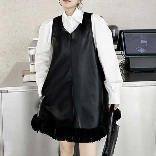 Load image into Gallery viewer, Black Leather Mesh Dress Shirt Two Pieces Suit New Lapel Long Sleeve Women Fashion Tide Spring Autumn 2025 1DH9256
