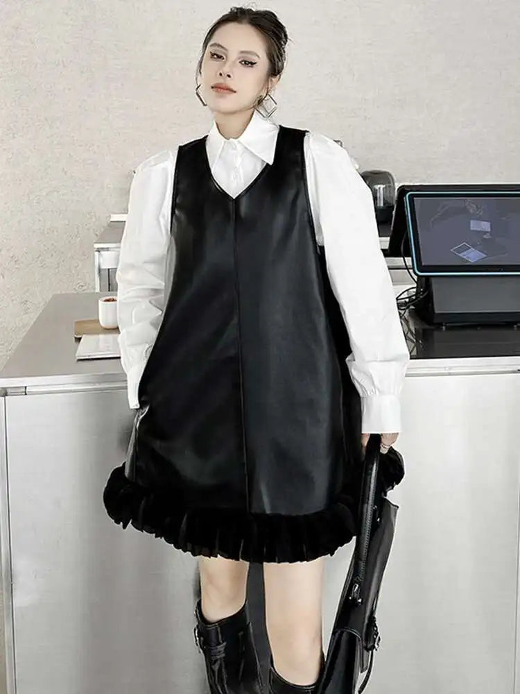 Black Leather Mesh Dress Shirt Two Pieces Suit New Lapel Long Sleeve Women Fashion Tide Spring Autumn 2025 1DH9256