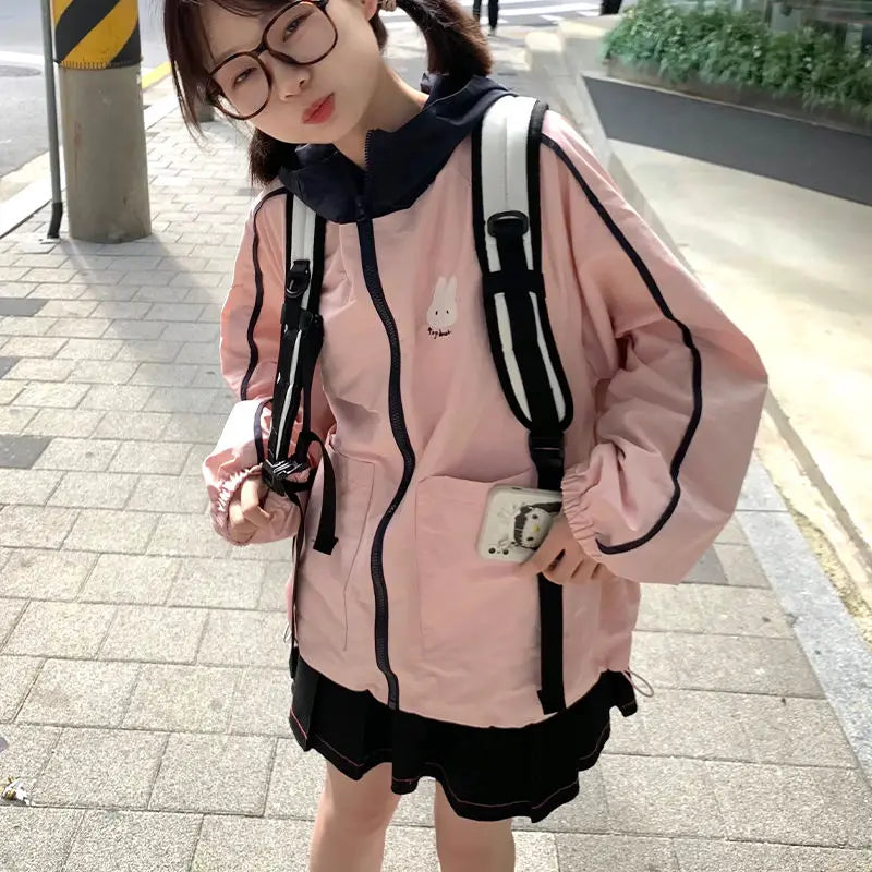 New Streetwear Grunge Contrast Jackets Women Spring Autumn Cartoon Coat Casual Vintage Hoody Y2k Aesthetic Pocket Harajuku Tops