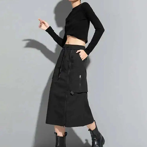 Load image into Gallery viewer, High Elastic Waist Black Zipper Long Spliced Long Casual Half-body Skirt Women Fashion Tide New Spring Autumn 2025 1DF1656
