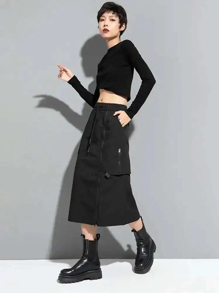 High Elastic Waist Black Zipper Long Spliced Long Casual Half-body Skirt Women Fashion Tide New Spring Autumn 2025 1DF1656