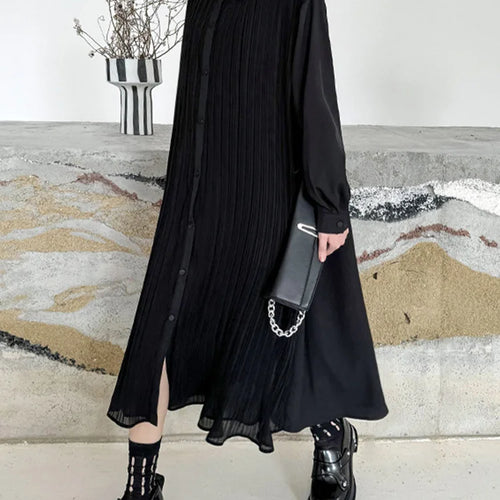 Load image into Gallery viewer, Women Black Brief Pleated Elegant Big Size Midi Shirt Dress New Lapel Long Sleeve Fashion Tide Spring Autumn 2025 1DJ0072
