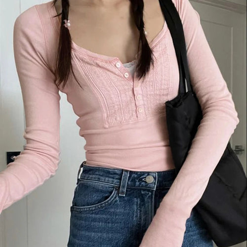 Load image into Gallery viewer, Pink Lace Patched Slim Sweet Tee Shirts Buttons Korean Spring Autumn Women&#39;s T-shirt Tops Coquette Clothing Pullover
