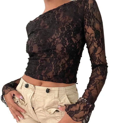 Load image into Gallery viewer, Women Lace Top y2k Clothing See Through Floral Hollow Out Round Neck Long Sleeve Ruffle Hem Mesh T Shirt Streetwear
