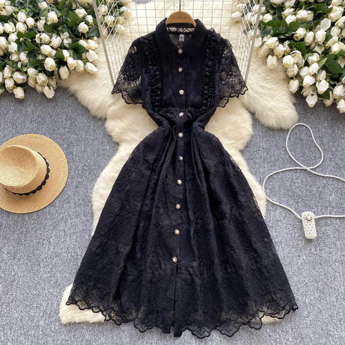 Load image into Gallery viewer, Summer French Retro Solid Elegant Lace Embroidery Single Breasted Temperament Long Dress Women Evening Party Princess Dress Chic
