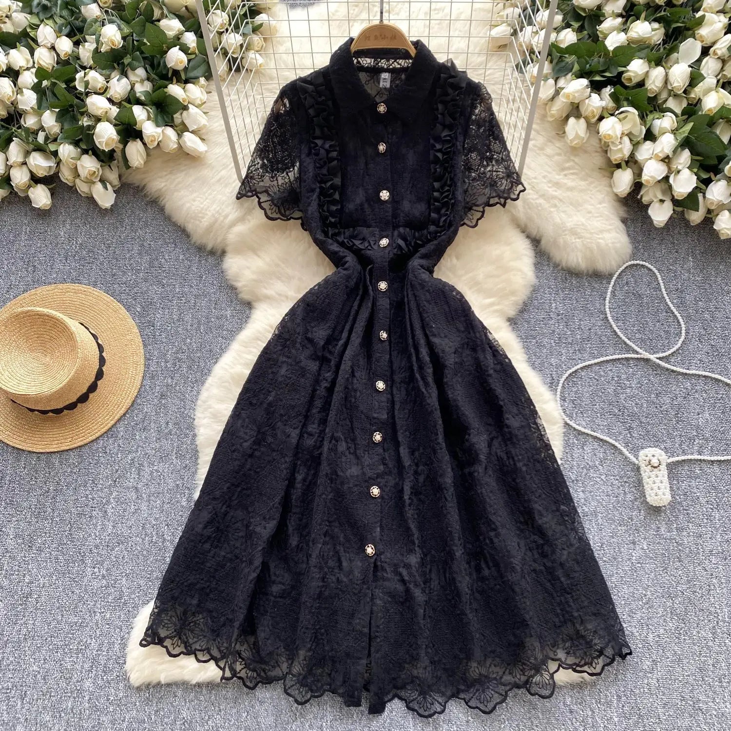 Summer French Retro Solid Elegant Lace Embroidery Single Breasted Temperament Long Dress Women Evening Party Princess Dress Chic