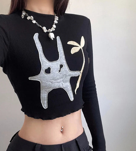 Korean Kawaii Knit Autumn Tee Women Long Sleeve Frill Patches Embroidery Cropped Top Bodycon Casual T shirts Cartoon