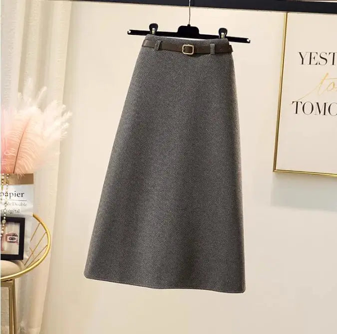 2023 Winter Solid Woolen Midi Skirt Women Elegant Streetwear A-line Zipper Long Skirt Female Vintage High Waist Thick Simple New