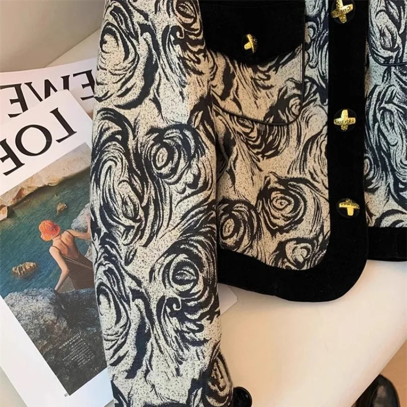 2024 Spring Autumn Women's Black Print Patchwork Long Sleeve Coat Top New Retro Round Neck Single Breasted Cardigan Short Jacket