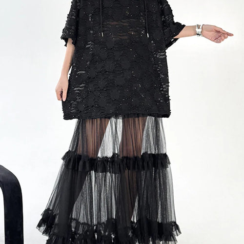 Load image into Gallery viewer, Women Black Jacquard Perspective Big Size Casual T-shirt New Hooded Half Sleeve Fashion Tide Spring Summer 2025 1DJ1160
