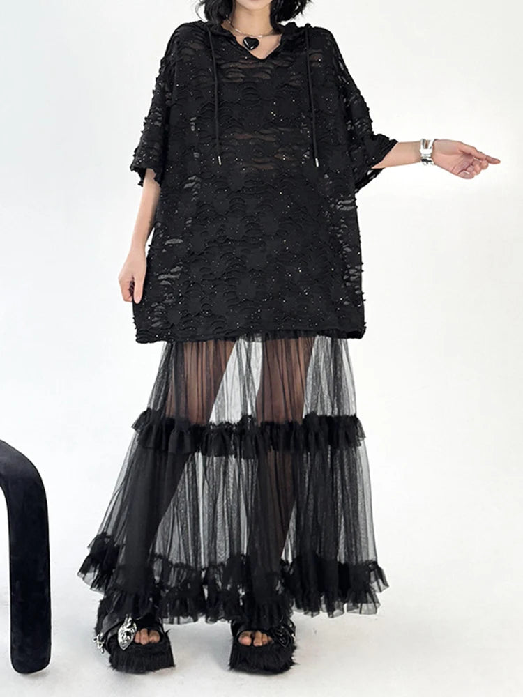 Women Black Jacquard Perspective Big Size Casual T-shirt New Hooded Half Sleeve Fashion Tide Spring Summer 2025 1DJ1160