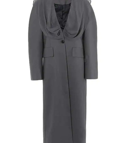 Women Gray Pleated Spliced Elegant Long Blazer New V-neck Long Sleeve Jacket Fashion Tide Spring Autumn 2025 CPDB005