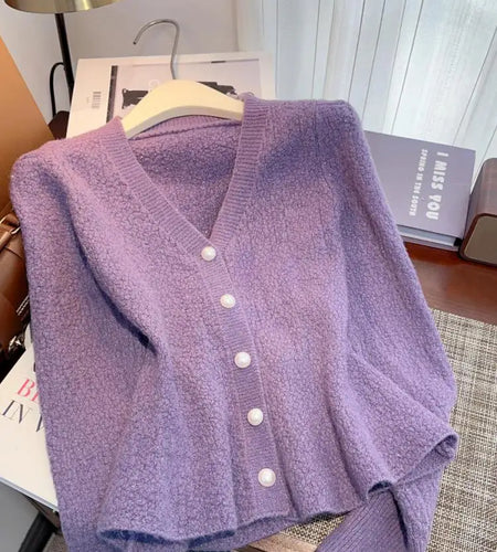 Autumn Winter Solid Elegant V Neck Single Breasted Ruffles Short Sweater Women's French 2024 New Long Sleeved Slim Knitted Tops