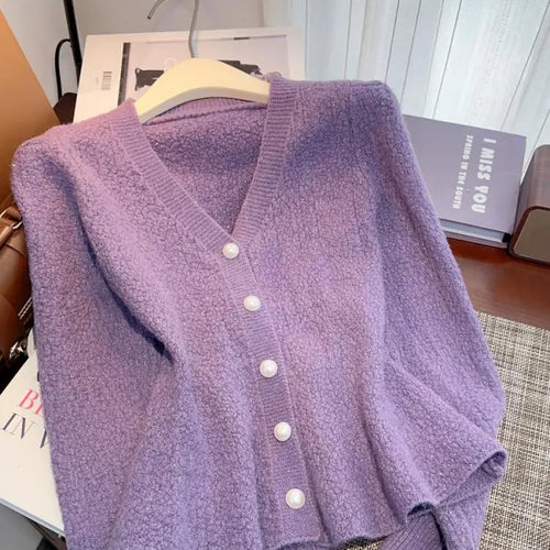 Load image into Gallery viewer, Autumn Winter Solid Elegant V Neck Single Breasted Ruffles Short Sweater Women's French 2024 New Long Sleeved Slim Knitted Tops
