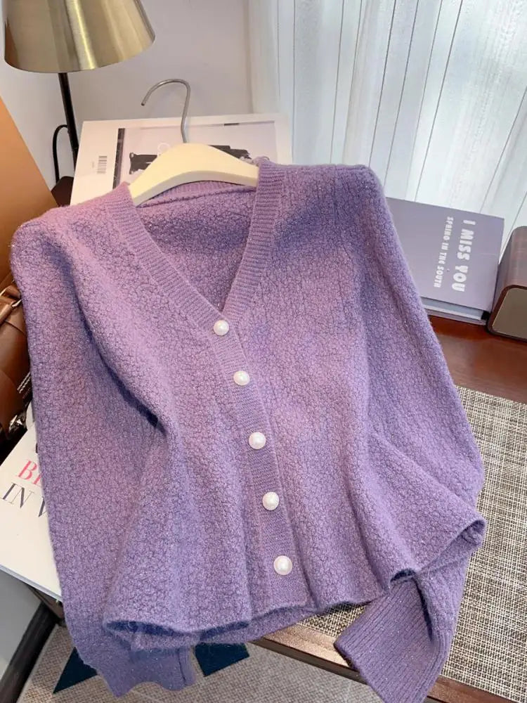 Autumn Winter Solid Elegant V Neck Single Breasted Ruffles Short Sweater Women's French 2024 New Long Sleeved Slim Knitted Tops