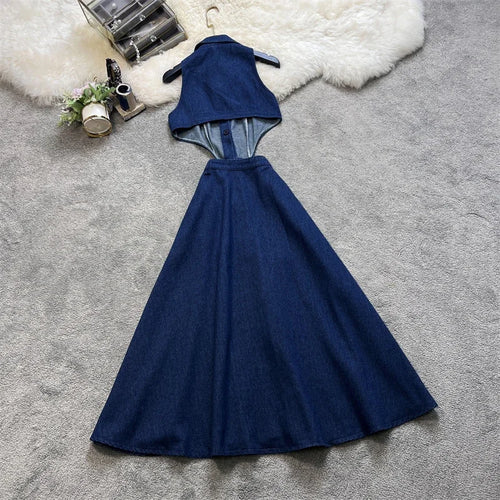 Load image into Gallery viewer, Women Summer Retro Turn-down Collar Denim Dress Hollowed Out Split High Waist Jeans Skirts

