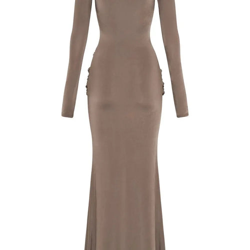 Load image into Gallery viewer, Diagonal Collar Long Sleeve Maxi Dress For Women Autumn Winter New Solid High Waist Ruched Bodycon Sexy Long Dress
