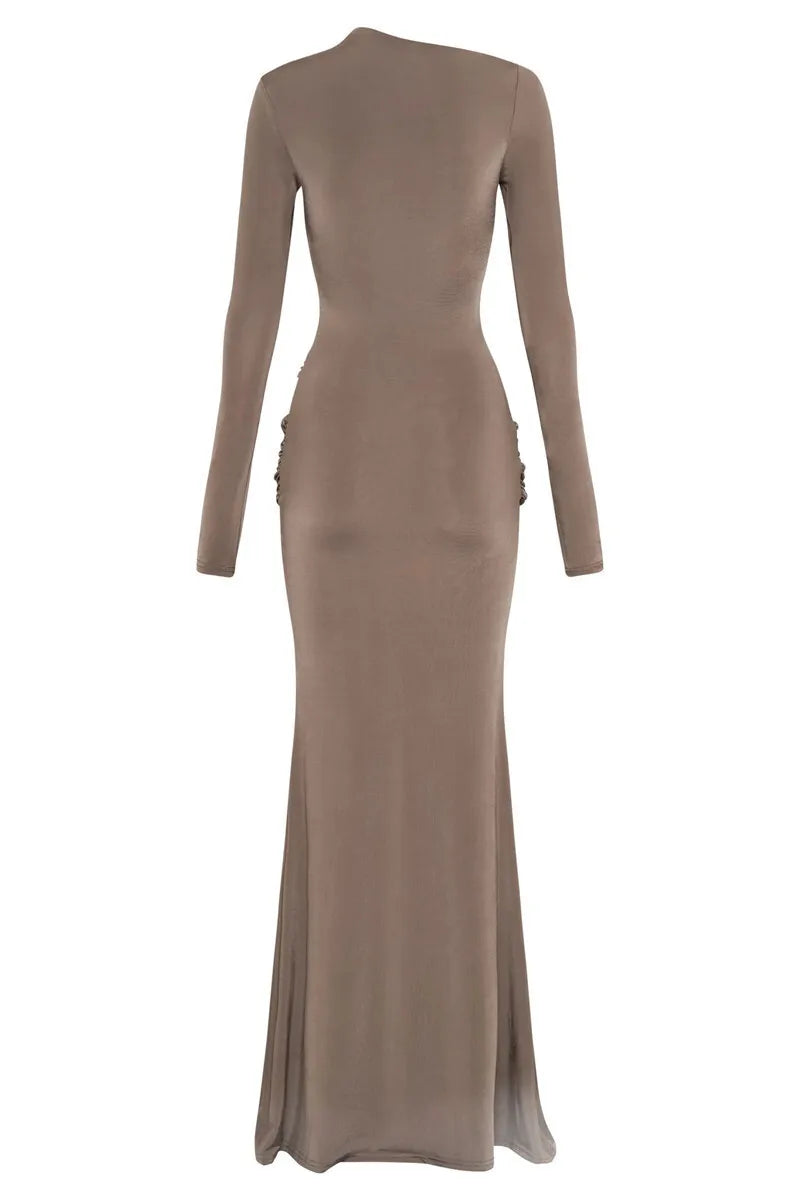 Diagonal Collar Long Sleeve Maxi Dress For Women Autumn Winter New Solid High Waist Ruched Bodycon Sexy Long Dress