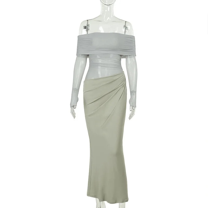 Off-shoulder Mesh See Through Sexy Maxi Dress For Women Elegant Strapless Long Sleeve Backless Bodycon Club Party Dress