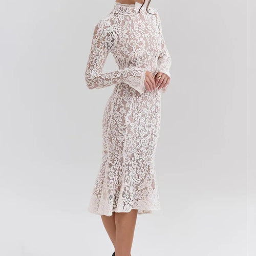 Load image into Gallery viewer, Elegant Lace Long Sleeve Bodycon Party Evening Dress Women 2025 New Autumn/Winter Tight Half High Neck Fishtail Dress
