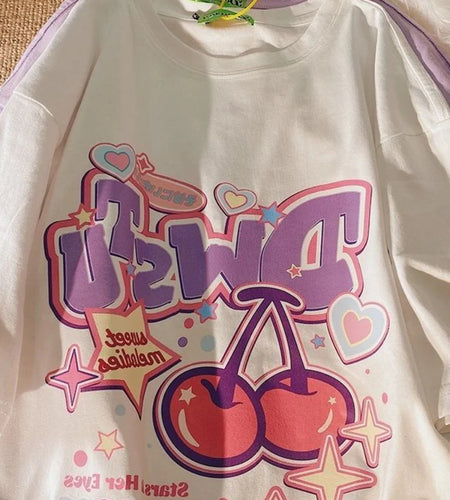 Autumn Cartoon Fruit Print Women T Shirts Girls Harajuku Casual Loose Short Sleeve Y2k Top Cute Oversize Tee