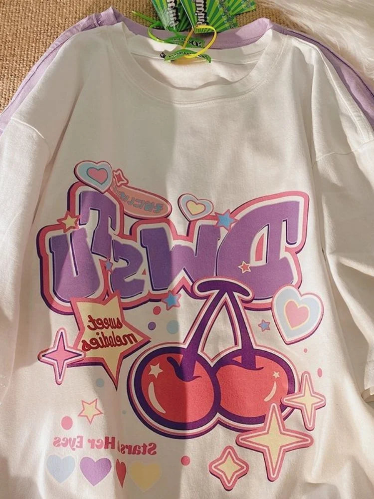 Autumn Cartoon Fruit Print Women T Shirts Girls Harajuku Casual Loose Short Sleeve Y2k Top Cute Oversize Tee