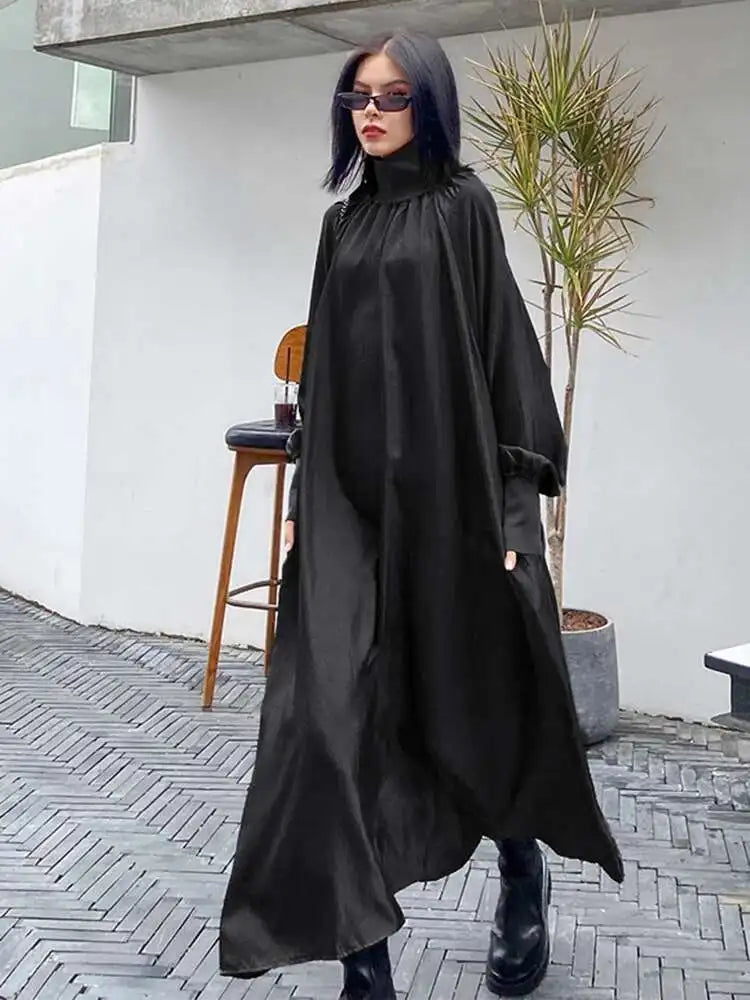 Women Gray Brief Long Big Size Elegant Dress New Turtleneck Long Sleeve Loose Fit Fashion Tide Spring Autumn 2025 1DH0252