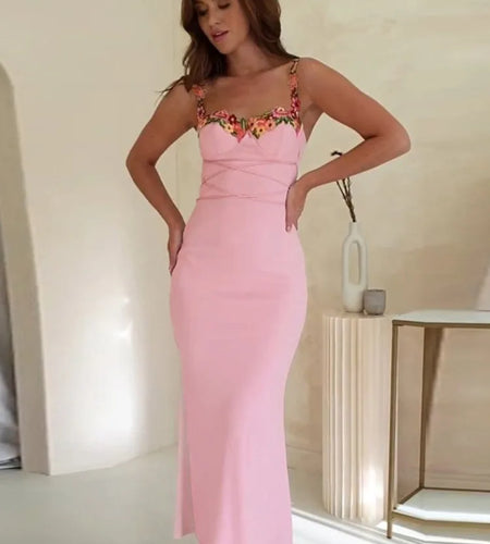 Elegant Spaghetti Strap Print Patchwork Maxi Dress For Women Strapless Sleeveless Backless Bodycon Sexy Long Dress