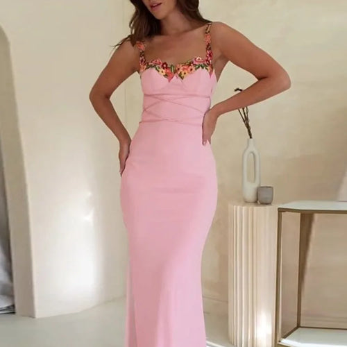 Load image into Gallery viewer, Elegant Spaghetti Strap Print Patchwork Maxi Dress For Women Strapless Sleeveless Backless Bodycon Sexy Long Dress
