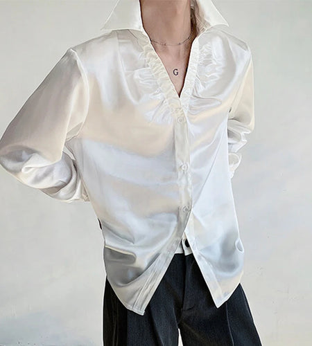 Men's Shirts Long Sleeve New Summer Male Turn-down Collar Trendy Pleated Solid Color Handsome Single Breasted Top 9W1699