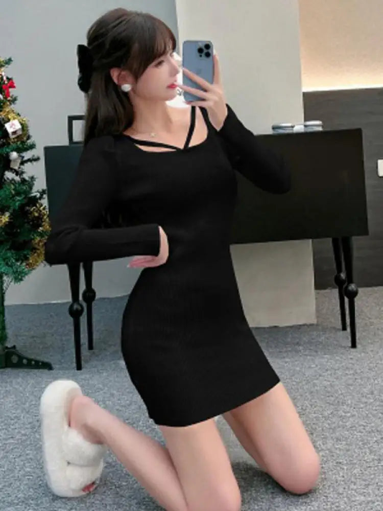 French Fashion Women Black Elegant Festival Hollow Out Knit Dress Autumn White Long Sleeve Slim Wrap Hip Short Dress Ladies Chic
