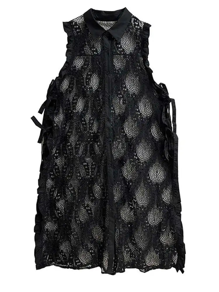 Women White Lace Perspective Ruffles Big Size Shirt Dress New Lapel Sleeveless Fashion Tide Spring Summer 2025 1DH6069